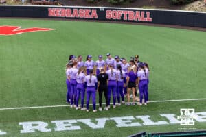Grand Canyon Antelopes huddle up before taking on the Nebraska Cornhuskers during the NCAA Softball Regionals on Sunday, May 17, 2026, in Lincoln, Neb. Photo by John S. Peterson.