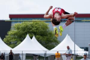 Nebraska Cornhusker Mason Kooi competes in the men's high jump during the Big Ten OTF Championships on May 17, 2026, in Lincoln, Nebraska. Photo by Brandon Tiedemann.