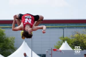 Nebraska Cornhusker Mason Kooi competes in the men’s high jump during the Big Ten OTF Championships on May 17, 2026, in Lincoln, Nebraska. Photo by Brandon Tiedemann.
