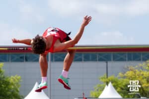 Nebraska Cornhusker Aleksandr Gerasimov jumps over the bar during the Big Ten OTF Championships on May 17, 2026, in Lincoln, Nebraska. Photo by Brandon Tiedemann.