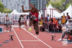 Nebraska Cornhusker Rhianna Phipps jumps during the Big Ten OTF Championships on May 17, 2026, in Lincoln, Nebraska. Photo by Brandon Tiedemann.