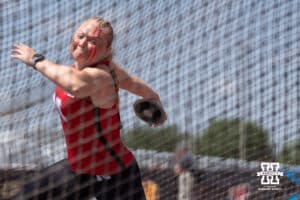 Nebraska Cornhusker Amelia Flynt gets ready to throw the discus during the Big Ten OTF Championships on May 17, 2026, in Lincoln, Nebraska. Photo by Brandon Tiedemann.
