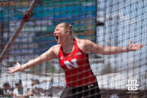 Nebraska Cornhusker Amelia Flynt celebrates her discus throw during the Big Ten OTF Championships on May 17, 2026, in Lincoln, Nebraska. Photo by Brandon Tiedemann.