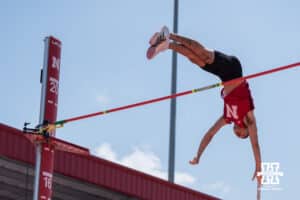 Nebraska Cornhusker Louis Martinez clears the bar in the men’s pole vault during the Big Ten OTF Championships on May 17, 2026, in Lincoln, Nebraska. Photo by Brandon Tiedemann.
