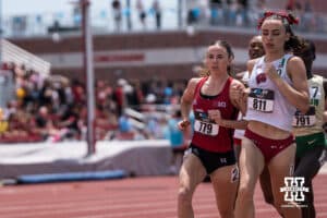Nebraska Cornhusker Berlyn Schutz runs the women’s 1500 during the Big Ten OTF Championships on May 17, 2026, in Lincoln, Nebraska. Photo by Brandon Tiedemann.
