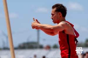 Nebraska Cornhusker Louis Martinez gives a thumbs up during the Big Ten OTF Championships on May 17, 2026, in Lincoln, Nebraska. Photo by Brandon Tiedemann.