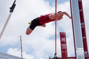Nebraska Cornhusker Dyson Wicker clears the bar in the men’s pole vault during the Big Ten OTF Championships on May 17, 2026, in Lincoln, Nebraska. Photo by Brandon Tiedemann.