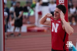 Nebraska Cornhusker Dyson Wicker flexes the Nebraska N during the Big Ten OTF Championships on May 17, 2026, in Lincoln, Nebraska. Photo by Brandon Tiedemann.