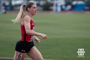 Nebraska Cornhusker Kelsie Belquist sprints to the finish line during the Big Ten OTF Championships on May 17, 2026, in Lincoln, Nebraska. Photo by Brandon Tiedemann.