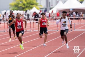 Nebraska Cornhusker James Ledbetter sprints during the Big Ten OTF Championships on May 17, 2026, in Lincoln, Nebraska. Photo by Brandon Tiedemann.