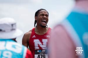 Nebraska Cornhusker James Ledbetter celebrates winning the mens 400m hurrdles during the Big Ten OTF Championships on May 17, 2026, in Lincoln, Nebraska. Photo by Brandon Tiedemann.