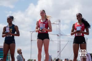 Nebraska Cornhusker Kelsie Belquist stands on the podium during the Big Ten OTF Championships on May 17, 2026, in Lincoln, Nebraska. Photo by Brandon Tiedemann.