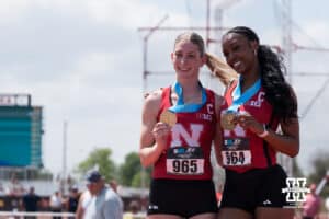 Nebraska Cornhusker Kelsie Belquist and Abrielle Artley pose for a photo during the Big Ten OTF Championships on May 17, 2026, in Lincoln, Nebraska. Photo by Brandon Tiedemann.