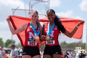 Nebraska Cornhusker Kelsie Belquist and Abrielle Artley pose during the Big Ten OTF Championships on May 17, 2026, in Lincoln, Nebraska. Photo by Brandon Tiedemann.