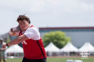 Nebraska Cornhusker Cade Moran gets ready to throw the shot put during the Big Ten OTF Championships on May 17, 2026, in Lincoln, Nebraska. Photo by Brandon Tiedemann.