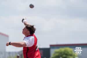 Nebraska Cornhusker Cade Moran throws the shot put during the Big Ten OTF Championships on May 17, 2026, in Lincoln, Nebraska. Photo by Brandon Tiedemann.