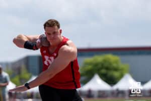 Nebraska Cornhusker Hencu Lamberts gets ready to throw the shot put during the Big Ten OTF Championships on May 17, 2026, in Lincoln, Nebraska. Photo by Brandon Tiedemann.