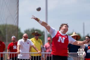 Nebraska Cornhusker Cade Moran throws the shot put during the Big Ten OTF Championships on May 17, 2026, in Lincoln, Nebraska. Photo by Brandon Tiedemann.