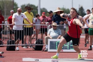 Nebraska Cornhusker Hencu Lamberts throws the shot put during the Big Ten OTF Championships on May 17, 2026, in Lincoln, Nebraska. Photo by Brandon Tiedemann.