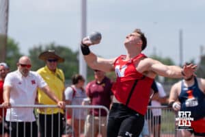 Nebraska Cornhusker Hencu Lamberts throws shot put during the Big Ten OTF Championships on May 17, 2026, in Lincoln, Nebraska. Photo by Brandon Tiedemann.