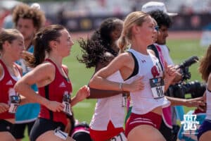 Nebraska Cornhusker Berlyn Schutz runs the women’s 5000m during the Big Ten OTF Championships on May 17, 2026, in Lincoln, Nebraska. Photo by Brandon Tiedemann.
