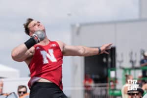 Nebraska Cornhusker Hencu Lamberts throws the shot put during the Big Ten OTF Championships on May 17, 2026, in Lincoln, Nebraska. Photo by Brandon Tiedemann.