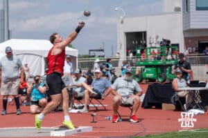 Nebraska Cornhusker Hencu Lamberts releases the shot put during the Big Ten OTF Championships on May 17, 2026, in Lincoln, Nebraska. Photo by Brandon Tiedemann.