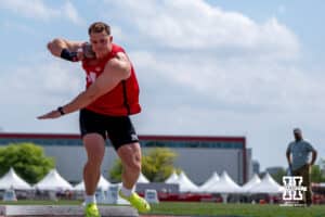 Nebraska Cornhusker Hencu Lamberts gets ready to throw the shot put during the Big Ten OTF Championships on May 17, 2026, in Lincoln, Nebraska. Photo by Brandon Tiedemann.