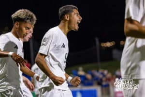 Omaha Westside’s Armani Dircio (9) is celebrating with his teammates after scoring a goal during semi-finals of the NSAA State Soccer Championships on Friday, May 15, 2026, in Omaha, Nebraska. Photo By Jack Stephens.