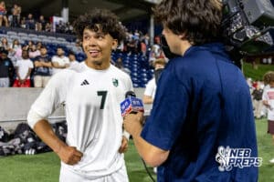Lincoln Souhwest’s Miguel Solano Rodriguez (7) is getting interviewed after scoring 4 of the Silverhawk’s 5 goals after winning a high school state semifinals soccer game against Papio South on Friday, May 15 2026 in Omaha, Nebraska. Photo By Jack Stephens.