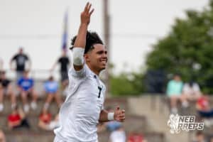 Lincoln Southwest’s Miguel Solano Rodriguez (7) is celebrating after scoring his third goal of the game against Papillion-LaVista South during semi-finals of the NSAA State Soccer Championships on Friday, May 15, 2026, in Omaha, Nebraska. Photo By Jack Stephens.