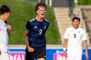 Papio South’s Kailer Fry (9) is celebrating after scoring a goal against Lincoln Southwest during semi-finals of the NSAA State Soccer Championships on Friday, May 15, 2026, in Omaha, Nebraska. Photo By Jack Stephens.