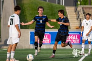 Papio South’s Kailer Fry (9) is celebrating after scoring a goal against Lincoln Southwest during semi-finals of the NSAA State Soccer Championships on Friday, May 15, 2026, in Omaha, Nebraska. Photo By Jack Stephens.