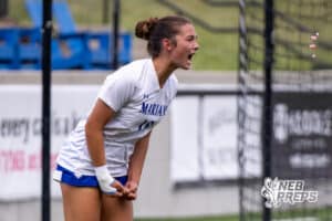 Omaha Marian’s Cooper Dally (18) is celebrating after scoring a goal in the final minute of a high school state soccer game against Kearney on Friday, May 15 2026 in Omaha, Nebraska. Photo By Jack Stephens.