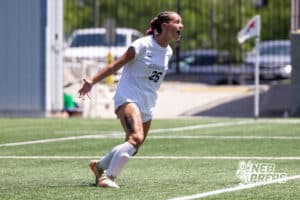 Elkhorn South’s Ellie Sonderman (26) is celebrating after scoring a goal Lincoln Southwest during semi-finals of the NSAA State Soccer Championships on Friday, May 15, 2026, in Omaha, Nebraska. Photo By Jack Stephens.