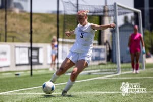 Elkhorn South’s Aubrey Marsh (5) is kicking the ball against Lincoln Southwest during semi-finals of the NSAA State Soccer Championships on Friday, May 15, 2026, in Omaha, Nebraska. Photo By Jack Stephens.