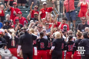 Nebraska Cornhuskers chant "Go Big Red" after the win over the Grand Canyon Antelopes during the NCAA Softball Regionals on Saturday, May 16, 2026, in Lincoln, Neb. Photo by John S. Peterson.
