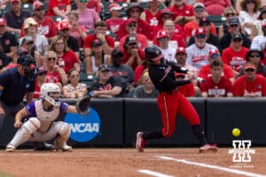 Nebraska Cornhusker Jordy Frahm (98) hits a single against the Grand Canyon Antelope in the seventh inning during the NCAA Softball Regionals on Saturday, May 16, 2026, in Lincoln, Neb. Photo by John S. Peterson.