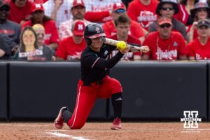Nebraska Cornhusker Lauren Camenzind (2) SAC bunt in the seventh against the Grand Canyon Antelopes during the NCAA Softball Regionals on Saturday, May 16, 2026, in Lincoln, Neb. Photo by John S. Peterson.