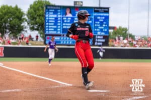 Nebraska Cornhusker outfielder Hannah Coor (23) scores a run in the fifth inning against the Grand Canyon Antelopes during the NCAA Softball Regionals on Saturday, May 16, 2026, in Lincoln, Neb. Photo by John S. Peterson.