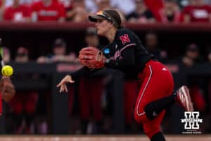 Nebraska Cornhusker infielder Lauren Camenzind (2) throws to first for an out against the Grand Canyon Antelopein the sixth inning during the NCAA Softball Regionals on Saturday, May 16, 2026, in Lincoln, Neb. Photo by John S. Peterson.