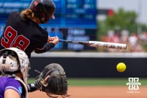 Nebraska Cornhusker Jordy Frahm (98) singles in the fifth inning against the Grand Canyon Antelopes during the NCAA Softball Regionals on Saturday, May 16, 2026, in Lincoln, Neb. Photo by John S. Peterson.