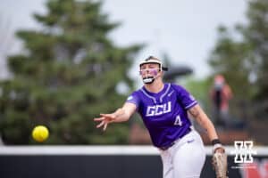Grand Canyon Antelope starting pitcher/relief pitcher Taryn Batterton (4) throws a pitch against the Nebraska Cornhuskers in the fifth inning during the NCAA Softball Regionals on Saturday, May 16, 2026, in Lincoln, Neb. Photo by John S. Peterson.