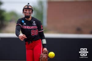 Nebraska Cornhusker starting pitcher Jordy Frahm (98) throws a pitch in the fourth inning against the Grand Canyon Antelopes during the NCAA Softball Regionals on Saturday, May 16, 2026, in Lincoln, Neb. Photo by John S. Peterson.