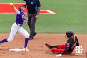 Nebraska Cornhusker catcher Jesse Farrell (25) out at second against the Grand Canyon Antelopes in the fourth inning during the NCAA Softball Regionals on Saturday, May 16, 2026, in Lincoln, Neb. Photo by John S. Peterson.