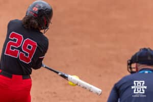 Nebraska Cornhusker Samantha Bland (29) singles in the fourth inning against the Grand Canyon Antelopes during the NCAA Softball Regionals on Saturday, May 16, 2026, in Lincoln, Neb. Photo by John S. Peterson.