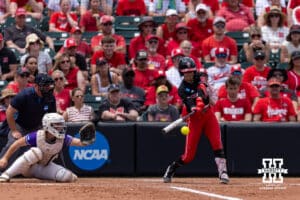Nebraska Cornhusker outfielder Hannah Coor (23) hits a single against the Grand Canyon Antelope during the NCAA Softball Regionals on Saturday, May 16, 2026, in Lincoln, Neb. Photo by John S. Peterson.