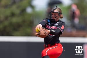 Nebraska Cornhusker starting pitcher Jordy Frahm (98) throws a pitch against the Grand Canyon Antelopes in the first inning during the NCAA Softball Regionals on Saturday, May 16, 2026, in Lincoln, Neb. Photo by John S. Peterson.