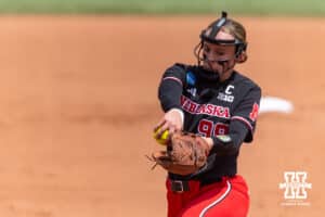 Nebraska Cornhusker starting pitcher Jordyn Frahm (98) throws a pitch against the Grand Canyon Antelopes in the first inning during the NCAA Softball Regionals on Saturday, May 16, 2026, in Lincoln, Neb. Photo by John S. Peterson.