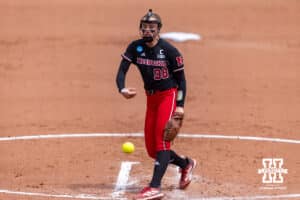 Nebraska Cornhusker starting pitcher Jordyn Frahm (98) throws a pitch against the Grand Canyon Antelopes in the first inning during the NCAA Softball Regionals on Saturday, May 16, 2026, in Lincoln, Neb. Photo by John S. Peterson.